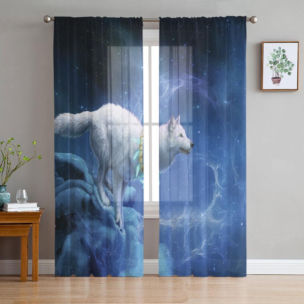 Fullmåne och Varg Tyllgardiner för Vardagsrum Tryckt Skir Voilegardin Sovrum Fönsterskärmning Draperier Persienner Heminredning
