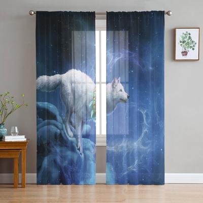 Cortinas de tule com estampa de lua cheia e lobo para sala de estar, cortinas de voile transparente, cortinas para janelas do quarto, cortinas para decoração de casa