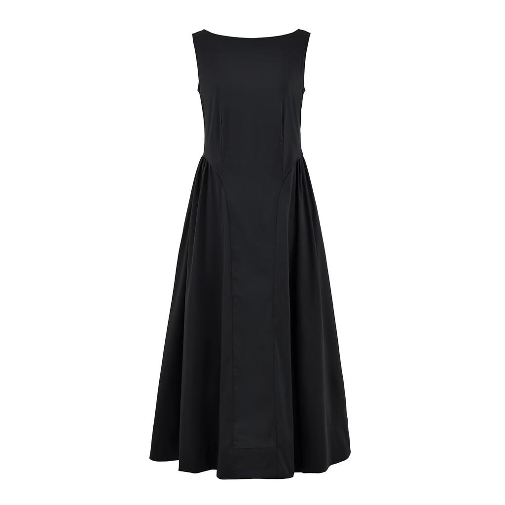 Spring and Summer European and American Style Temperament One-word Collar Waist and Thin Dress Women's French Simple Vest Long Dress