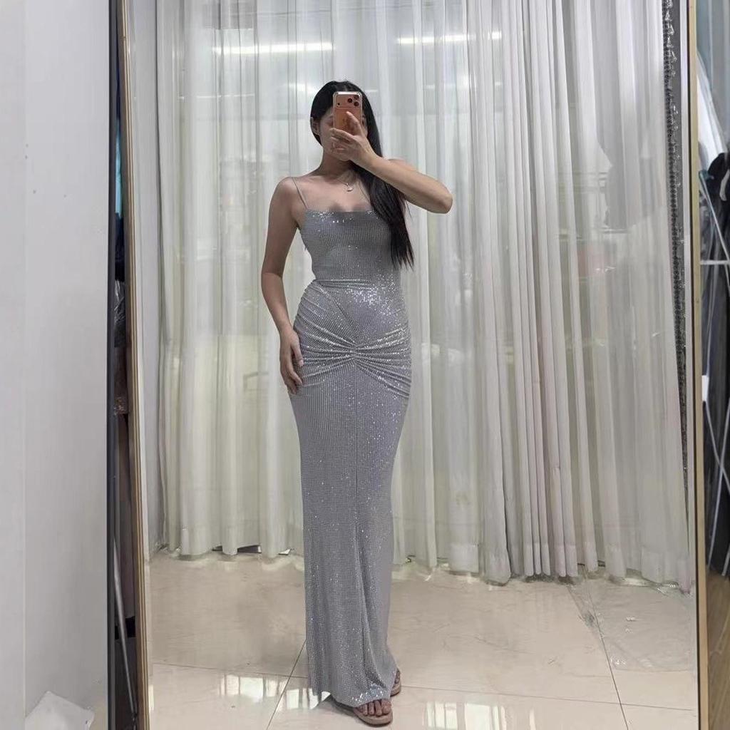 Silver Strappy Bodycon Evening Gown - Long Birthday Banquet Dress