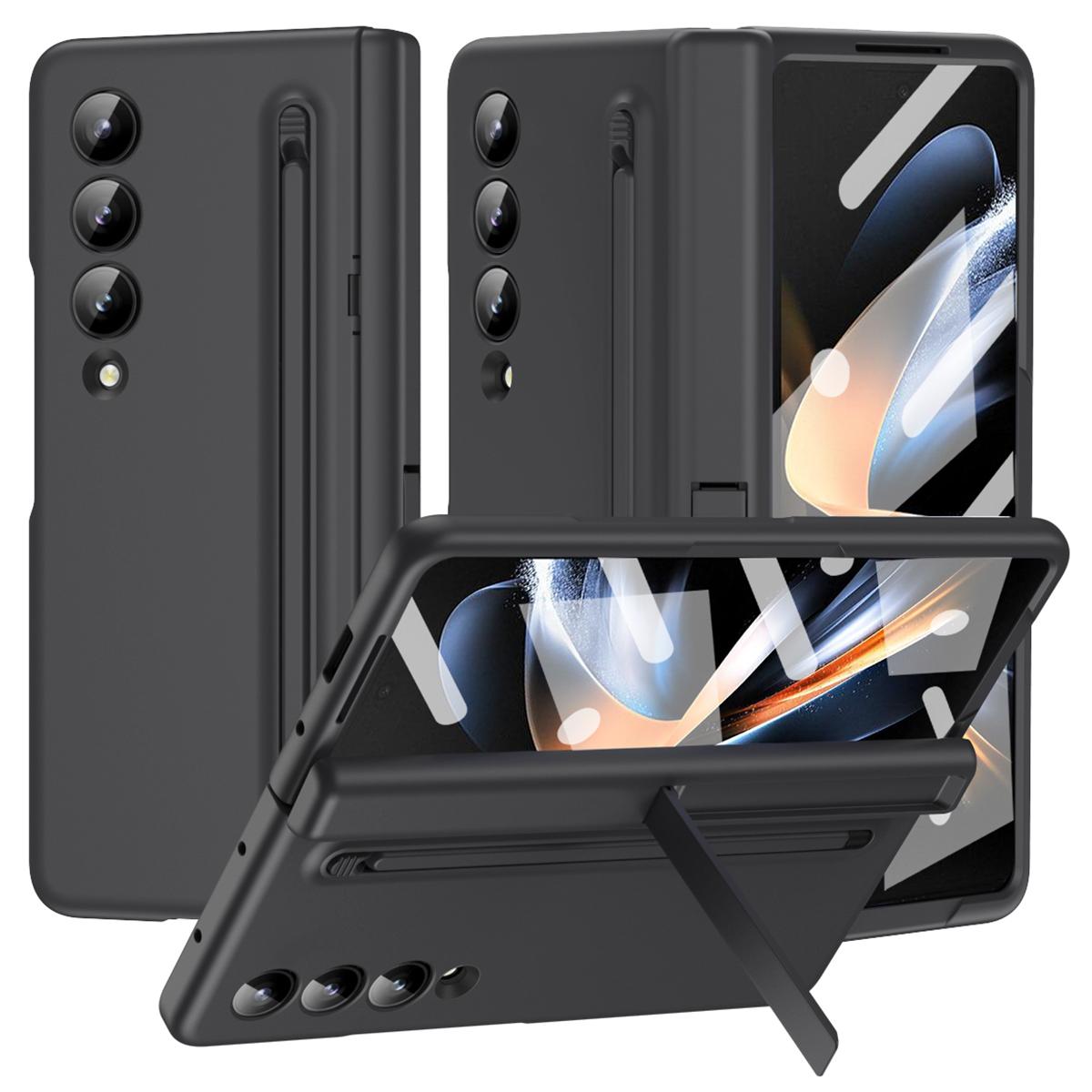 

For Samsung Galaxy Z Fold3 5G Case Hard PC+Glass Film Kickstand Phone Cover with Stylus Black