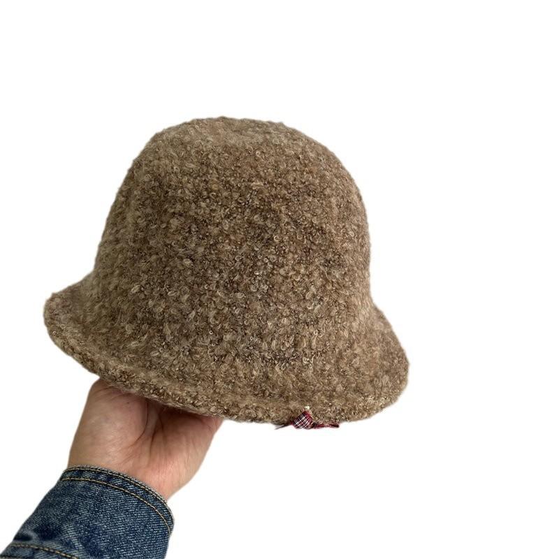 Chapeau cloche d'automne et d'hiver en laine, fil cercle, bord relevé devant, pour femme, doux, petit, frais, avec nœud, chaud, décontracté