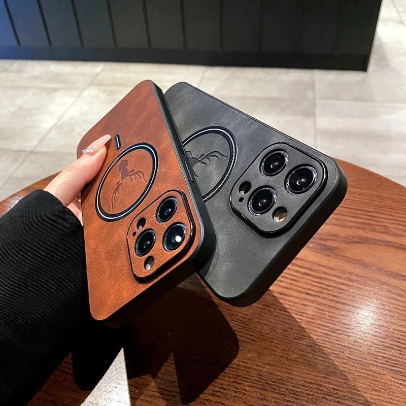 Magnetic For Wireless Charge Phone Case For iPhone 16 15 14 13 12 11 Pro Max Deer Head Leather Magnetic Soft Shockproof Cover
