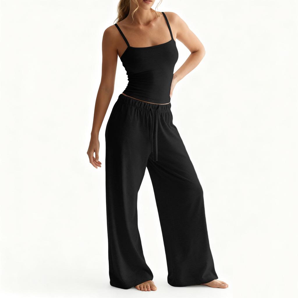Women's Solid Color Vest, Camisole Top, Long Pants, Casual Wide Leg Pants, Home Set