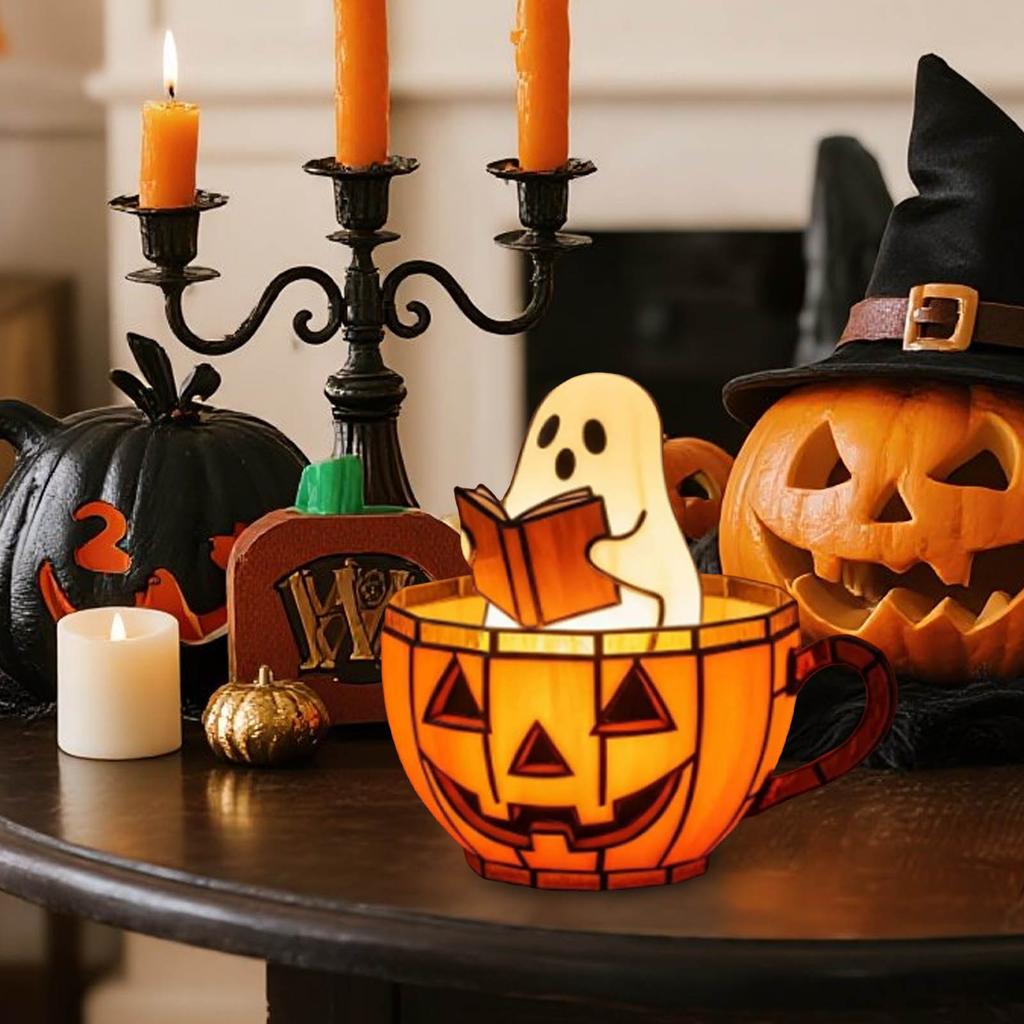 Halloween Ghost Reading Lamp Resin Night Light Decor Cute Led Ghost Pumpkin Cup Nightlight For Readers Halloween Decor Gift