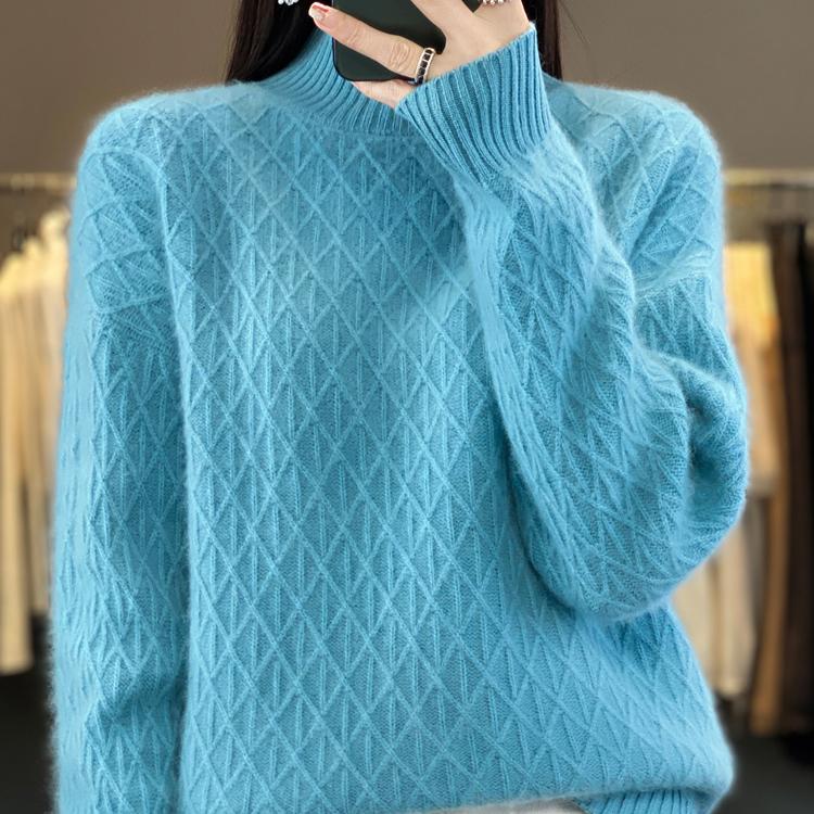 

Осень-зима Женский свитер с воротником-стойкой и ромбовидной решеткой Утолщенный свитер Одежда из мериносовой шерсти Кашемировый трикотаж Женский топ One Size синий
