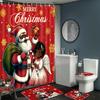 4Pcs Christmas Shower Curtain Bathroom Set Black Santa Claus Girl Non Slip Rugs Toilet Lid Cover Bath Mat with 12 Hooks Xmas Decorations