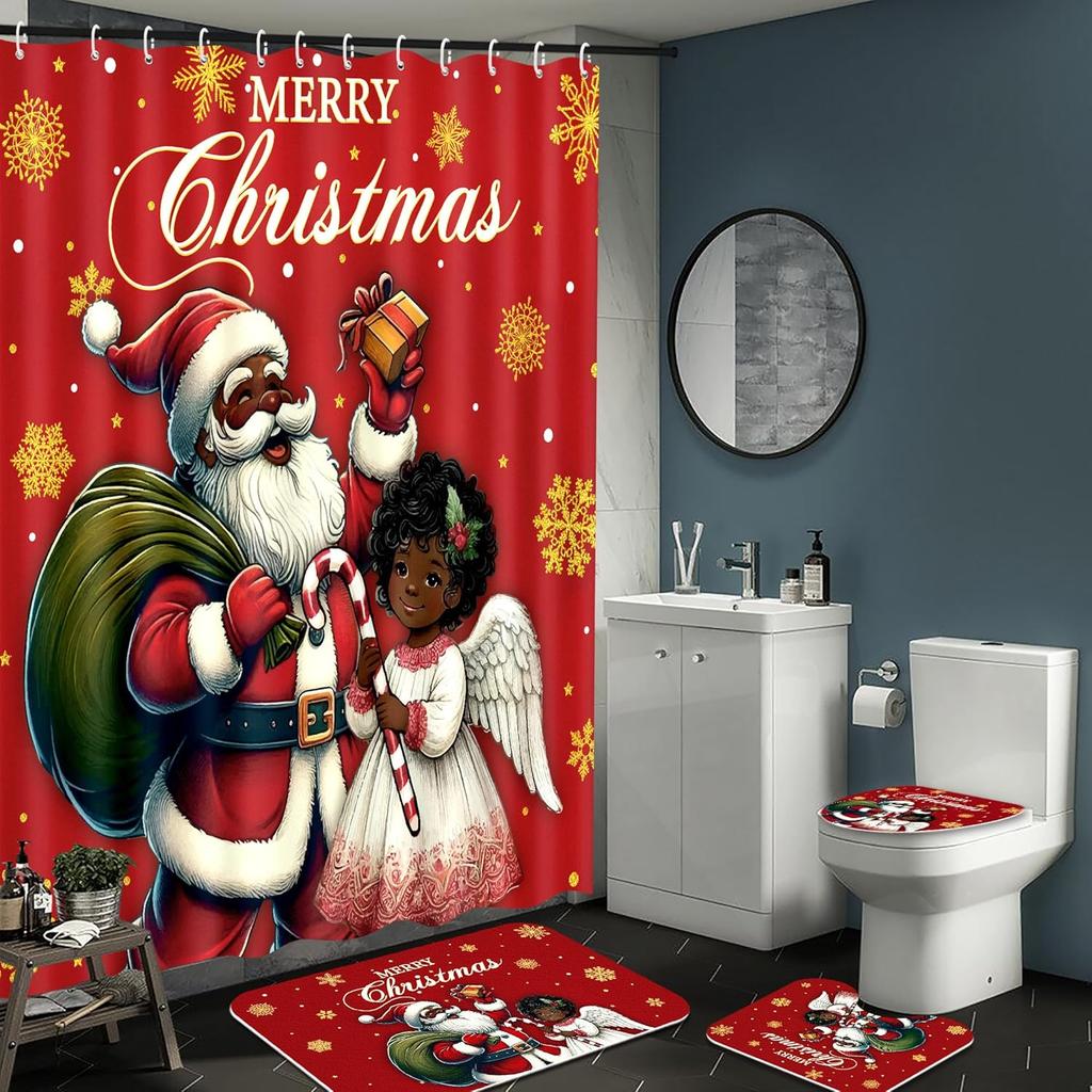 4Pcs Christmas Shower Curtain Bathroom Set Black Santa Claus Girl Non Slip Rugs Toilet Lid Cover Bath Mat with 12 Hooks Xmas Decorations