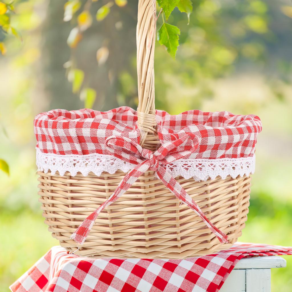 Wicker Storage Basket Hand Woven Linen Inner For Fruit Vegetable Bread Food Serving Display Red Plaid Size S Picnic Basket