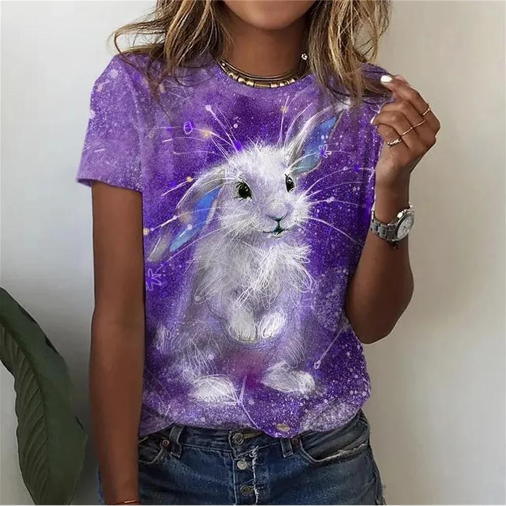 Coelhinho Branco Macio Impresso em 3D Moda Y2k Mulheres Camiseta Básica Elegância Vintage Manga Curta Elegante Casual Confortável