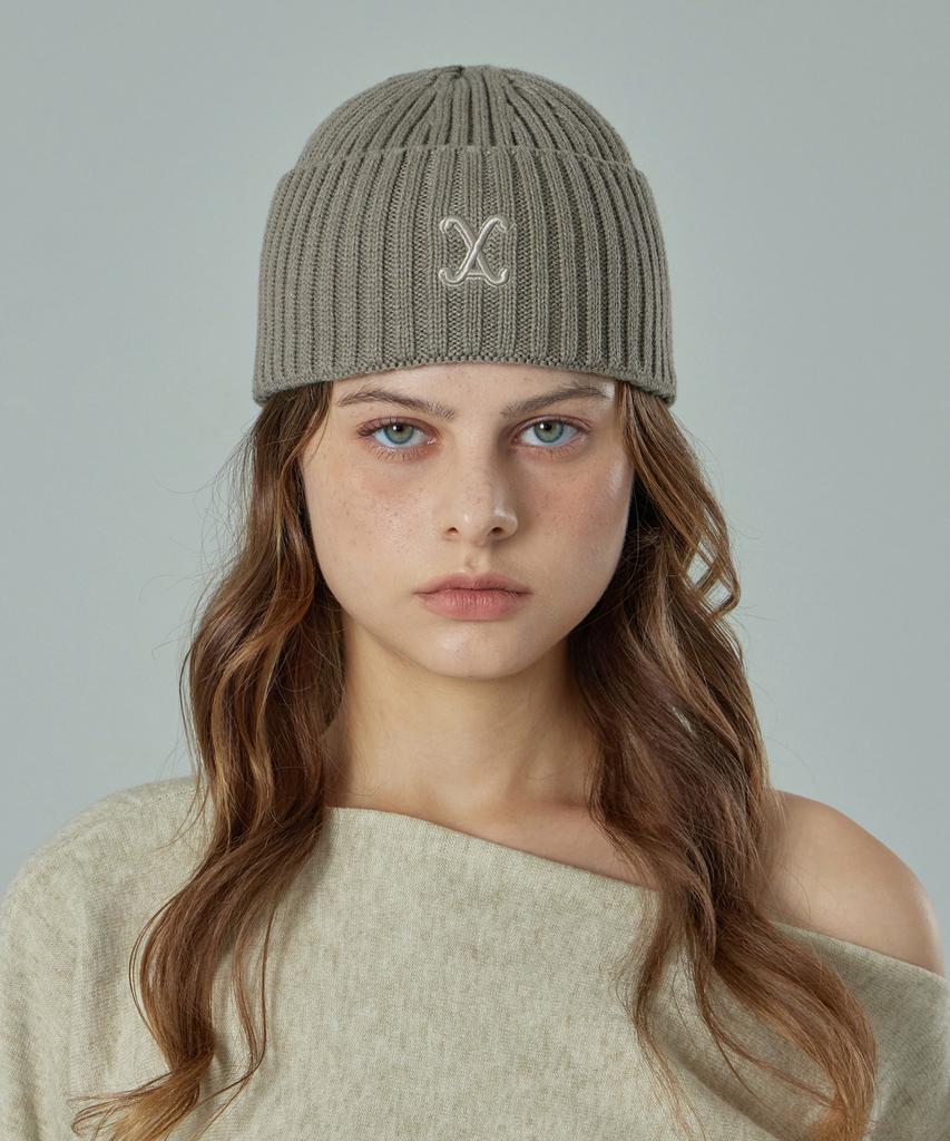 Bajal Va Curved Logo Washed Beanie Khaki Grey