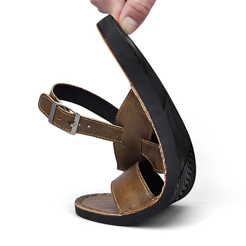 Men Slippers Handmade Simple Flats Summer Roman Sandals Retro Brown Leather Beach Shoes Plus Size