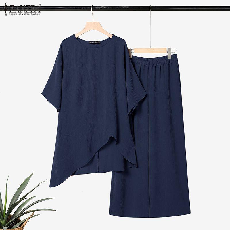 ZANZEA Womens Casual Two Piece Outfit Solid Color Asymmetric Tunic Tops and Wide Leg Pants Sets Loungewear Suits