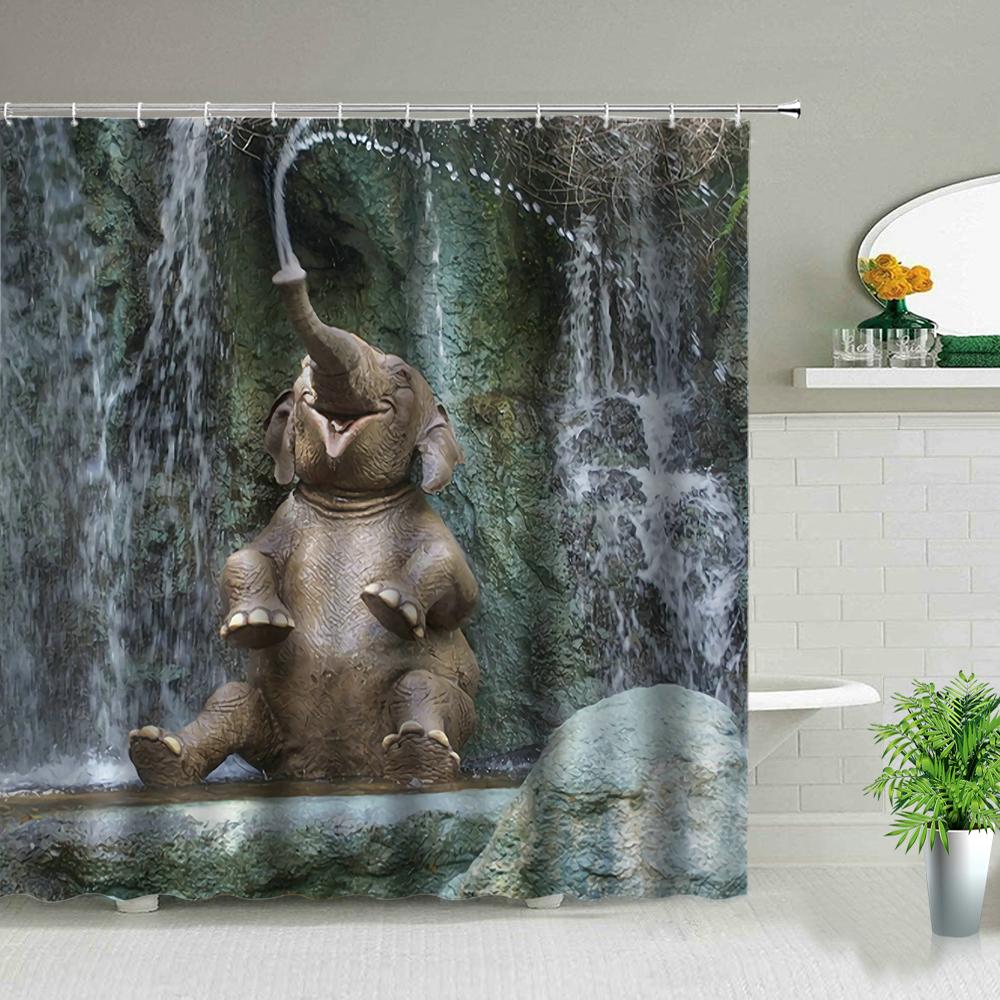 Animal Shower Curtains Elephant Zebra Tiger Leopard Waterproof Fabric Bath Curtains Wildlife Printed Bathroom Decor Screen Hooks
