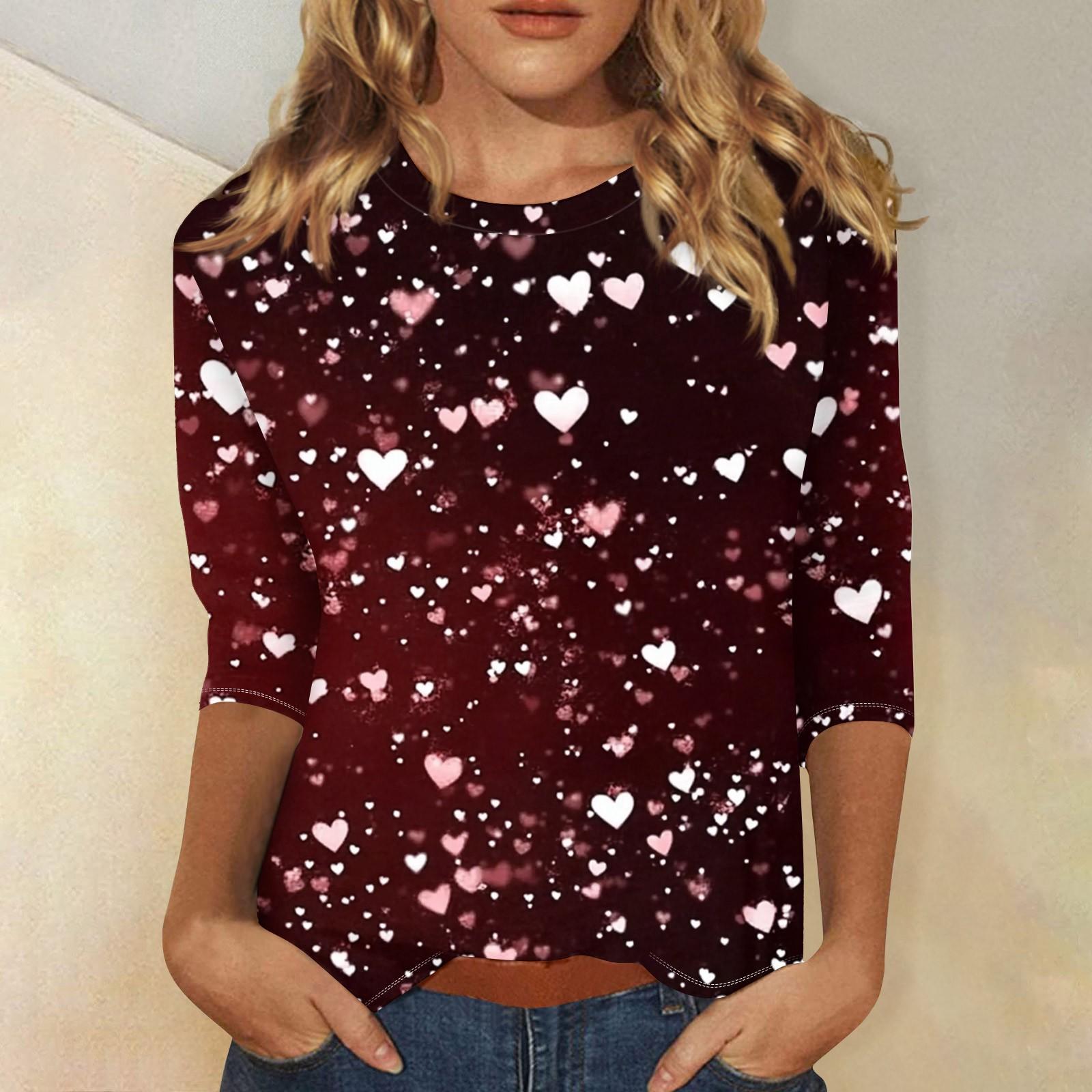 

Женская модная повседневная футболка с круглым вырезом и принтом в виде сердца ко Дню святого Валентина, рукав три четверти L бежевый