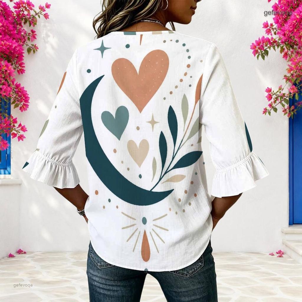 Womens Plus Size V Round Neck Mid Sleeve Front Button Trendy Casual Loose Everyday Ladies Blouse