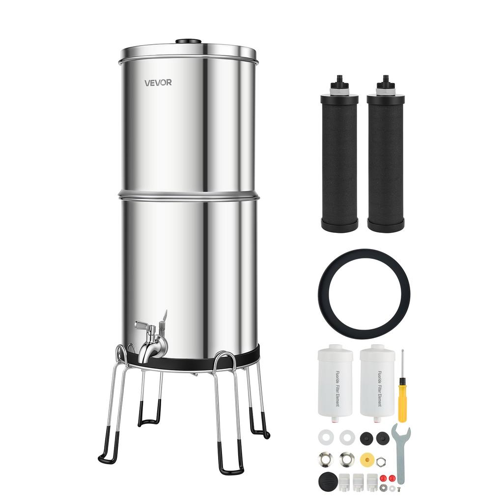 VEVOR Gravity-fed Water Filter System, 8.52L 304 Stainless-Steel Countertop Water Filtration System, Reduces Lead and Up To 99% of Chlorine