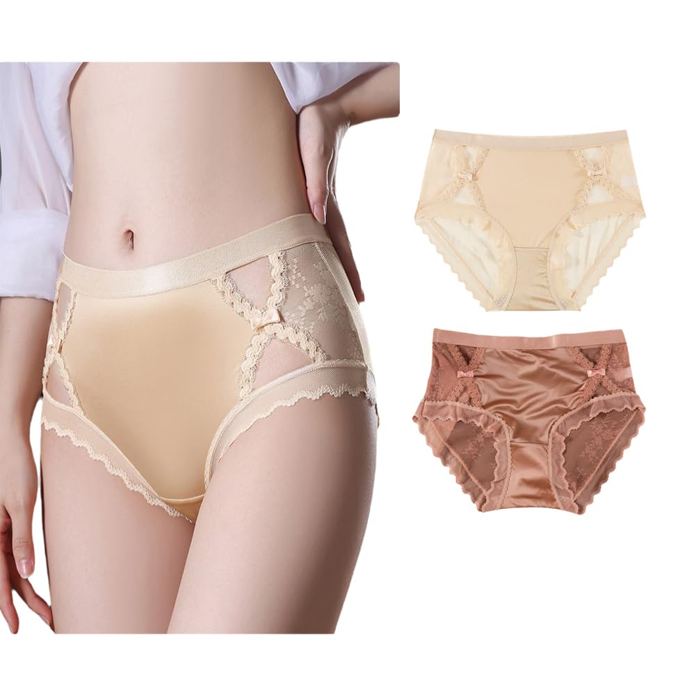 [BEKYNI] Women s Satin Regular Shorts, Full Back, Lace, Sheer Hip, Standard Underwear, Ribbon Included, Feminine, Assorted, Replacement, Innerwear (2