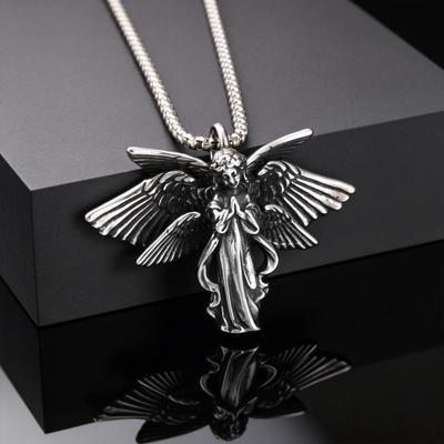 Classic Vintage Angel Wings Pendant Necklace for Men, Stainless Steel Seraph Prayer Necklace, Hip Hop Punk Jewelry Accessories