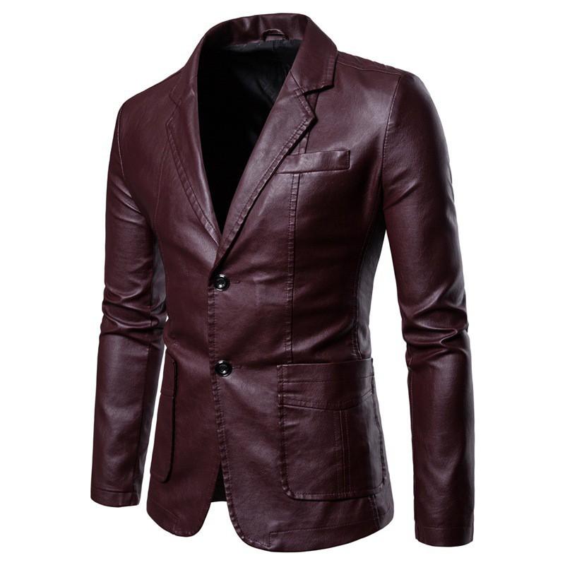 Mens PU Leather Blazer Jacket Slim Fit Casual Single-Breasted Coat