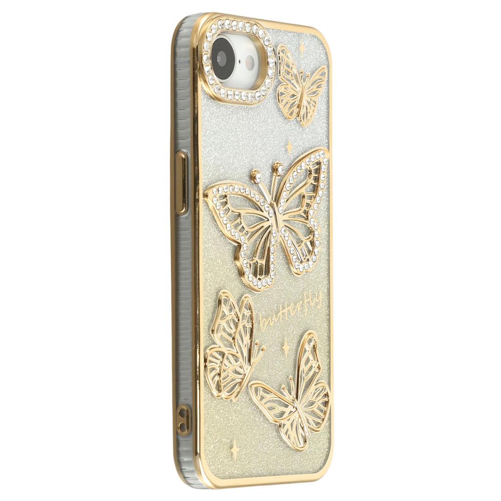 For iPhone 16e Case Rhinestones Decor 3D Butterfly TPU Phone Cover with Glitter Paper