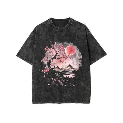 Japanische Kirschblüte Fuji T-Shirt Illustrativer Stil Kunst Grafik T-Shirt Herren Damen Lässig Kurzarm für den Alltag