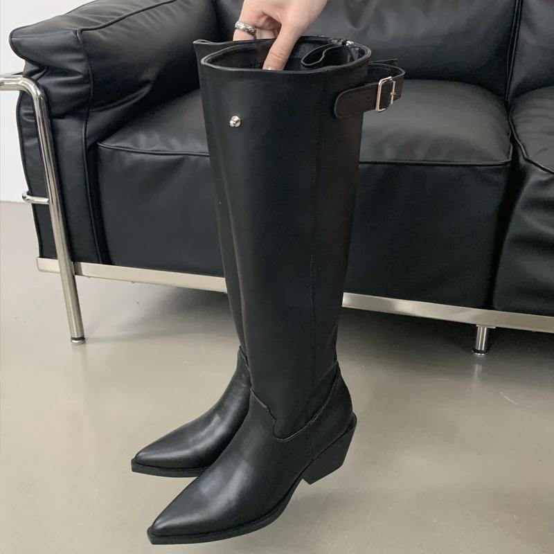 Fashion Eilyken Winter Belt Buckle Pointed Toe Women Knee-High Boots Fashion Vintage Square Low Heels Ladies Shoes