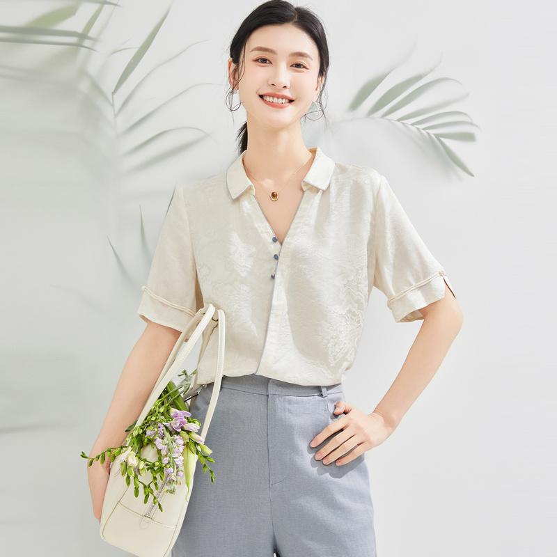 24 MM Jacquard New Chinese Style Top, Spring/Summer Versatile Short Sleeve, Mulberry Silk, Chinese Style Elegant Women's T-shirt