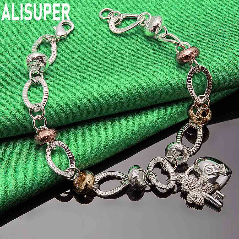 925 Sterling Silver Multi-Element Romantic Heart Side Chain Charming Bracelet Gift Jewelry