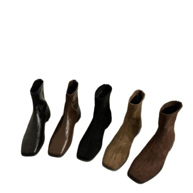 2025 Autumn and Winter New Minimalist Soft Leather Square Head Versatile Low-heeled Martin Boots Women's Rear Zipper Flat-bottomed Thin Short Boots