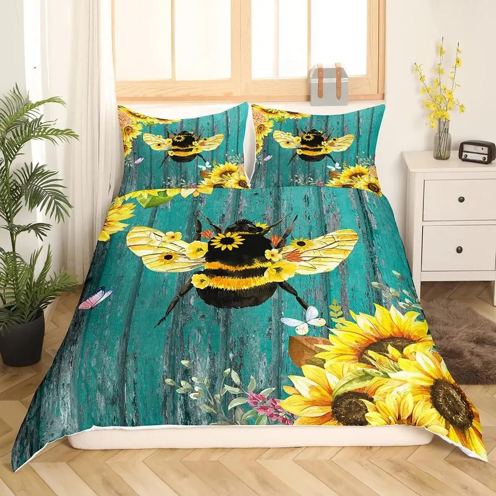 Sunflower Duvet Cover Set Yellow Flower Bedding Set Sunflower Botanical Floral Garden Bloom Print on Black Polyester Quilt Cover
