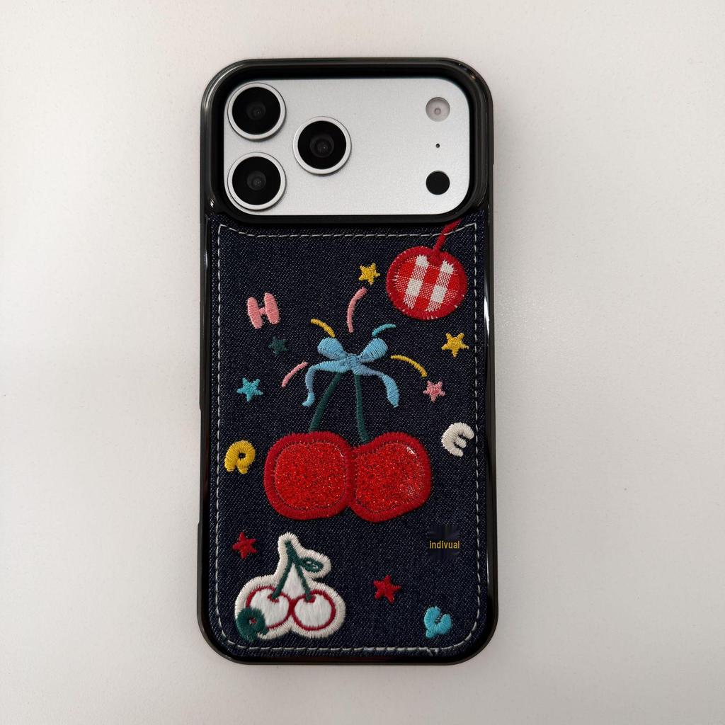 Fireworks Cherry Embroidered Denim Phone Case for iPhone 14/15/16/17 Pro Max