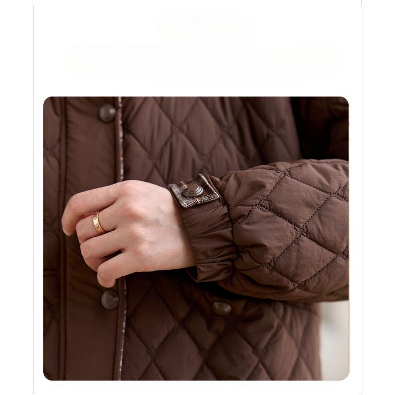 Fashionable Loose Fit Autumn Winter Stand Collar Diamond Grid Thin Cotton Coat, Middle-aged and Elderly Cotton Jacket