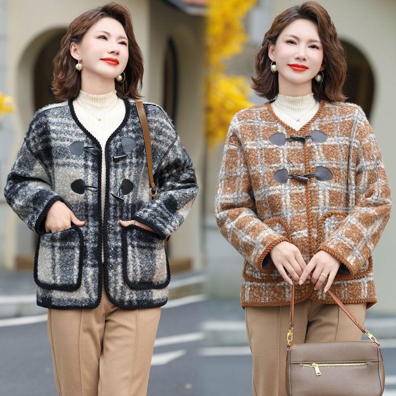 Plaid Woolen Coat for Middle-Aged & Elderly Women - Spring & Autumn Casual Cardigan