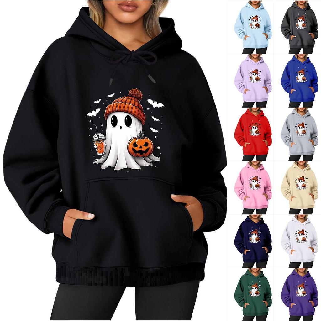 Women's O-neck Long Sleeve Halloween Printed Top Solid Color Hoodie