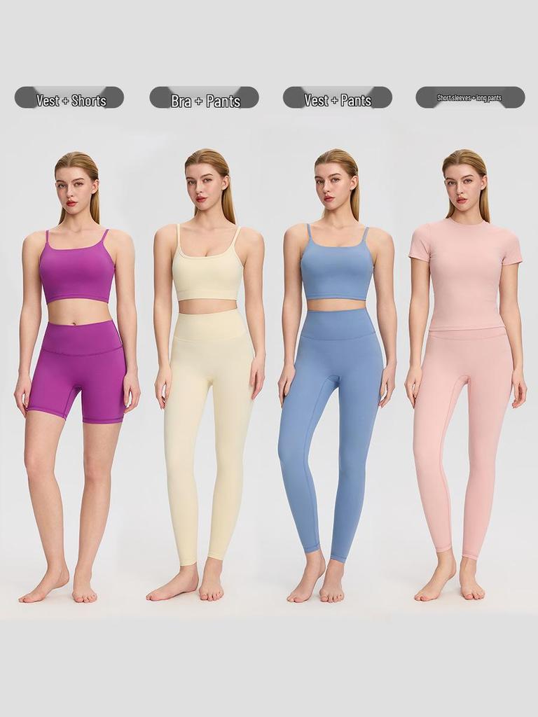 Bare-Feel Five-Piece Yoga Set: Long & Short Sleeve Tops, Chest Pads, Tight Slimming High-Waisted Pants.