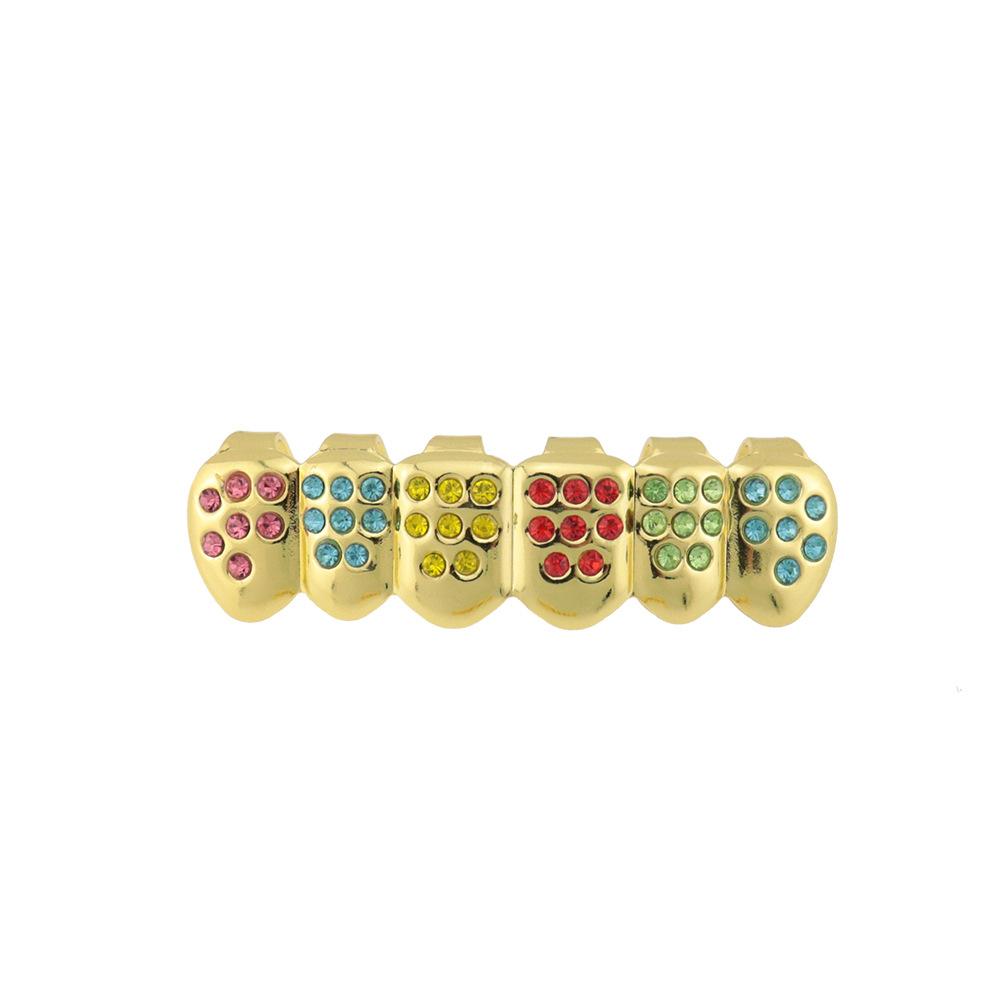 Hip Hop Iced Out Colorful Gold Plated Teeth Grillz, Color CZ Diamond Grills for Men & Women
