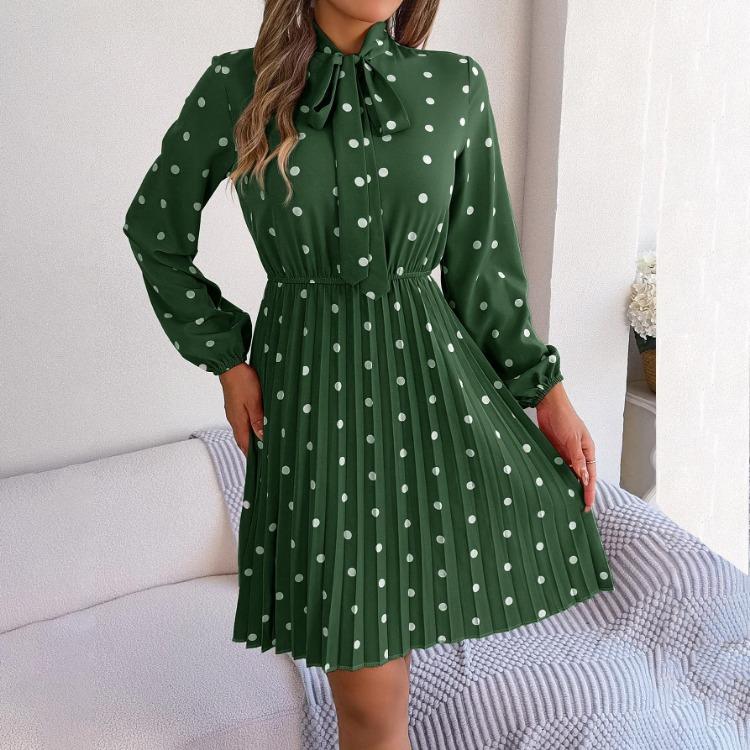 High Waist Women's Long Sleeve Dress Lace Up Pleated Dot Temperament Autumn Winter