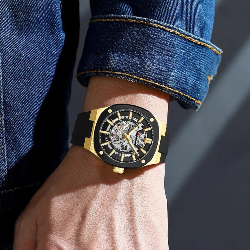 CURREN Men Automatic Mechanical Original Waterproof Silicone Strap Luminous Business Fashion Clock