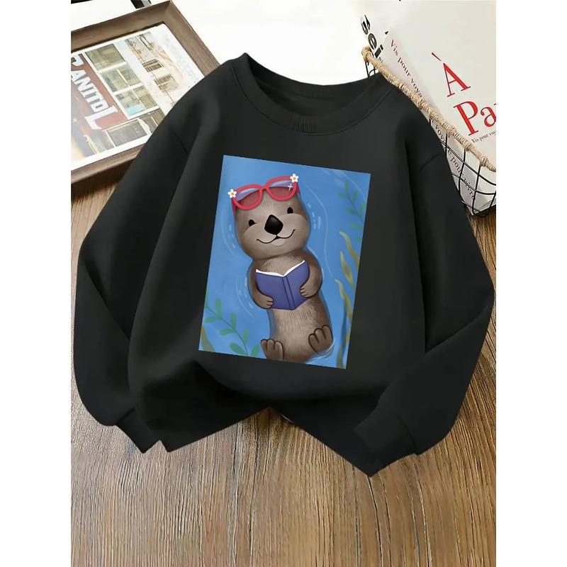 Girls' Crewneck Sweatshirt - Otter Reading Book with Fashion Glasses And Machine Washable, Spring And Autumn