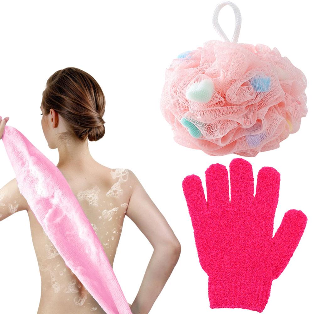 

3pcs/set Household Bathing Tools Extended Body Washing Exfoliating Washcloth Back Scrubber Strap Five Finger Frosted Bath Gloves 90g рожевий