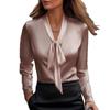 Elegant Solid Color Satin Long Sleeve Blouse With Tie Neck Women Office Chic