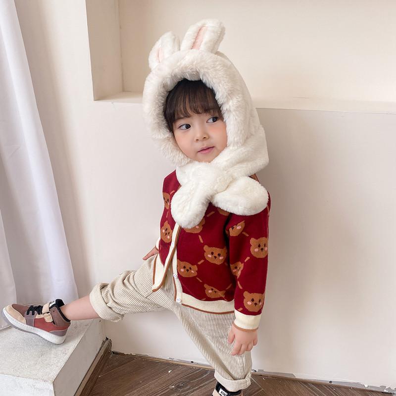 

New Rabbit Ears Children s Hat and Scarf All in One Hat Warm Ear Protection Plus Plush Baby Plush Scarf Hat