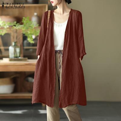 Women V Collar 3/4 Sleeve Buttons Up Casual Loose Long Cardigan Tops