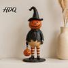 Autumn Home Ornament Pumpkin Witch Figurine, Spooky Halloween Statue with Lantern, LED Lighted Night Lamp Vintage Gothic Resin for Tabletop