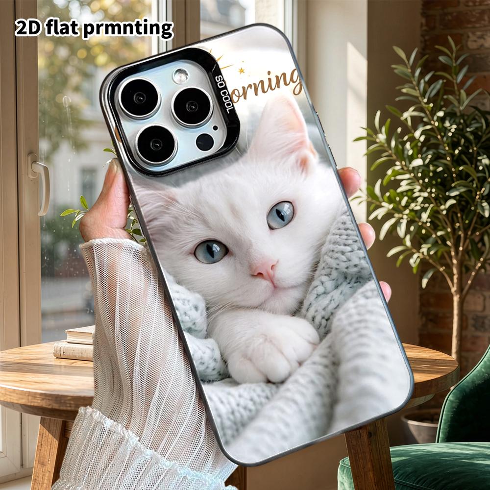 Phone Case: 2D Flat Design Suitable for iPhone 18 17 16 15 14 13 Pro, Colorful Silver Protective Case, Couple Style, Little White Cat, Christmas and H