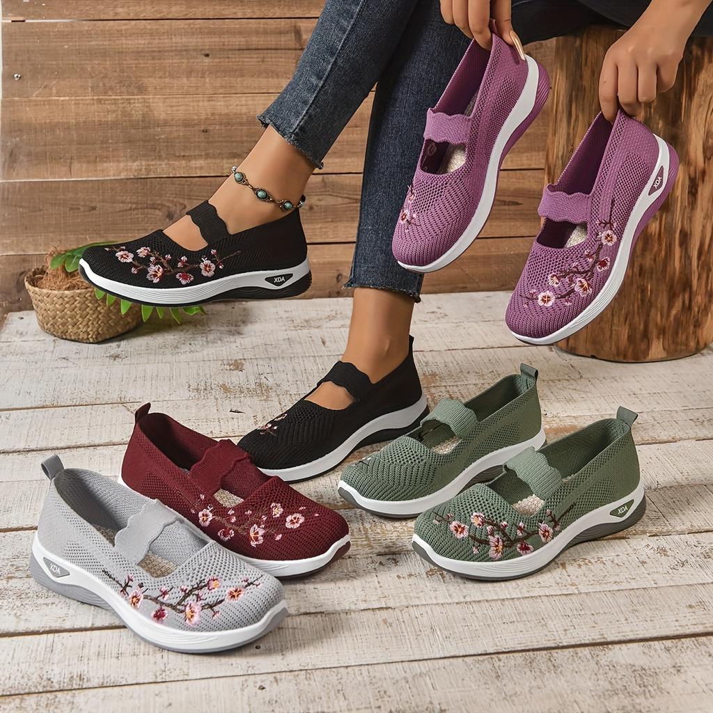Women's Casual Slip-On Sneakers, Black, Green,   Grey and Maroon; Lightweight Low Top Sneakers with Cute Round Toe & Floral Design for All Seasons