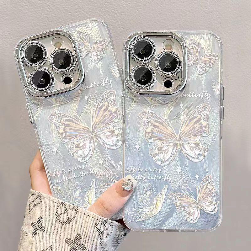Silver Butterfly Hole Suitable for Apple 16promax Mobile Phone Case for Women IPhone 15 Lens 14 Feather Yarn Protective Case