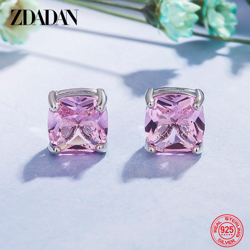

925 Sterling Silver 11mm Square Pink Zircon Earring for Women Wedding Jewelry розовый
