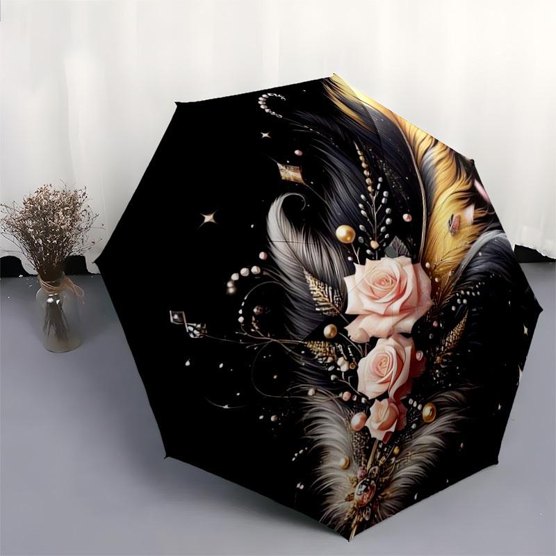1pc Elegant Feathers and Roses Composition Umbrella with Plastic Handle,Suitable for All Seasons Home Travel Outdoor UmbrellaDD392